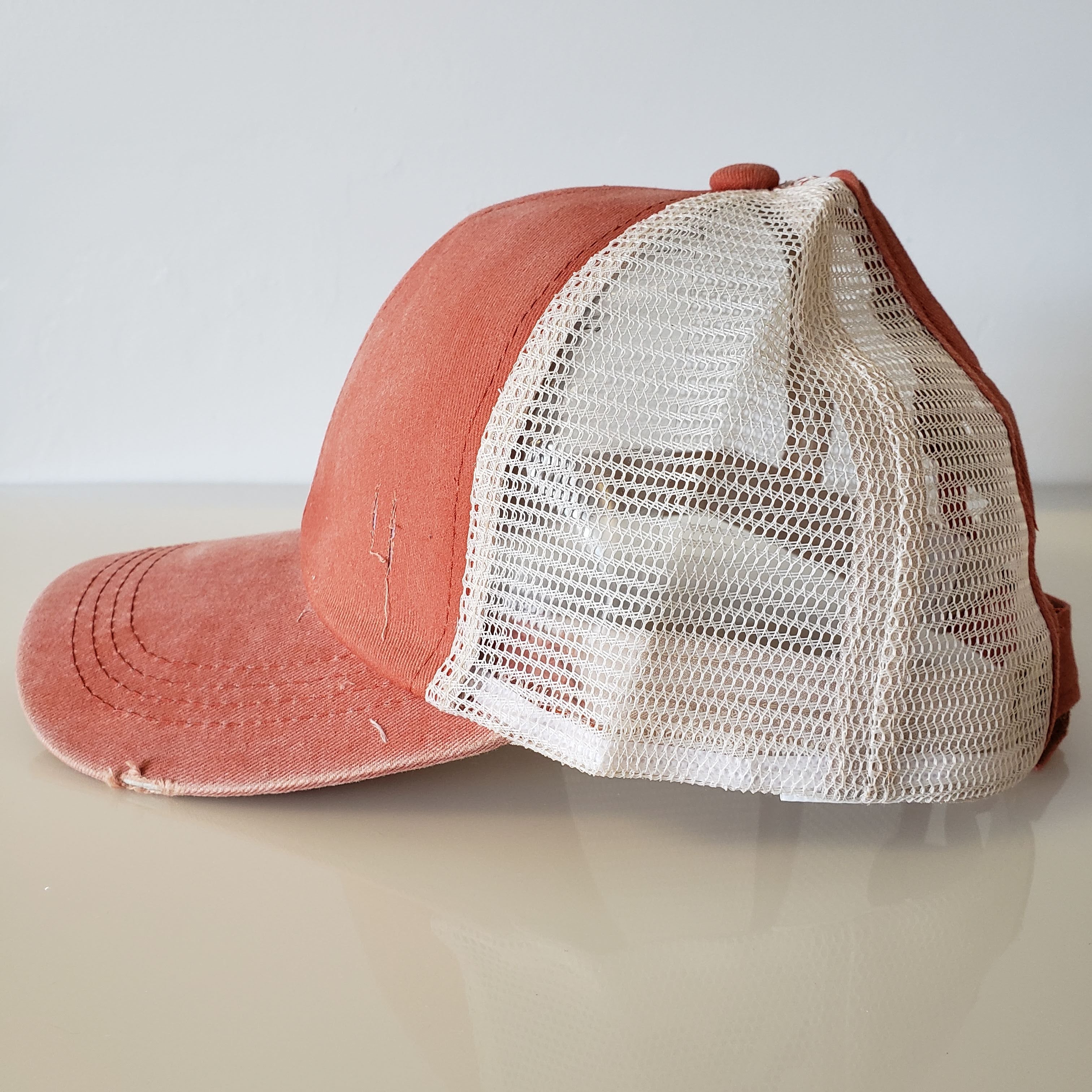DISTRESSED Ponytail Baseball Hat - Criss Cross ORANGE SODA-Design Blanks