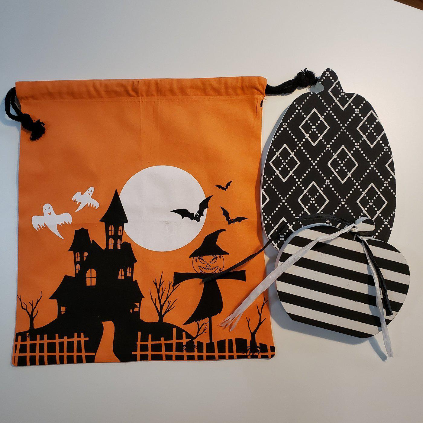 I-Orange w/House - Halloween Trick or Treat Drawstring Sacks-Design Blanks