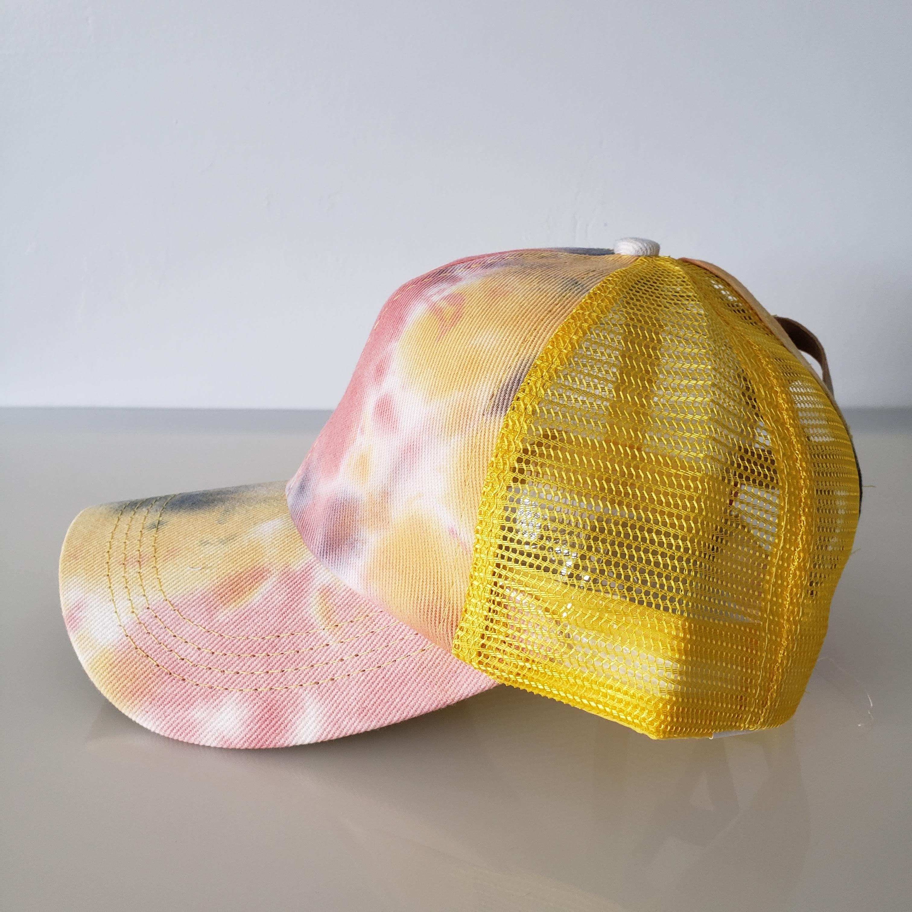 Ponytail Baseball Hat - Tie Dye Criss Cross GREY CORAL YELLOW-Design Blanks