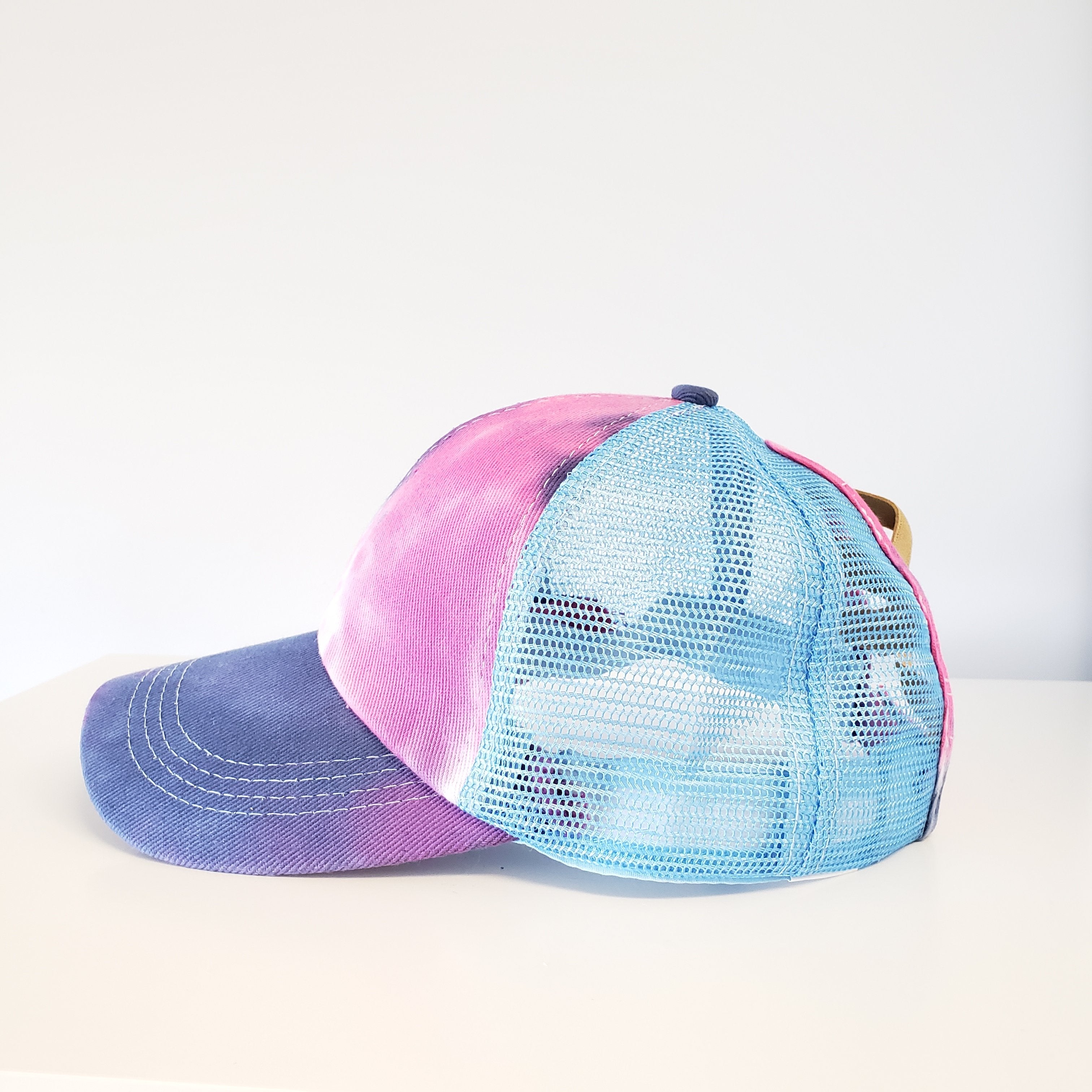 Ponytail Baseball Hat - Tie Dye Criss Cross NAVY PINK AQUA-Design Blanks