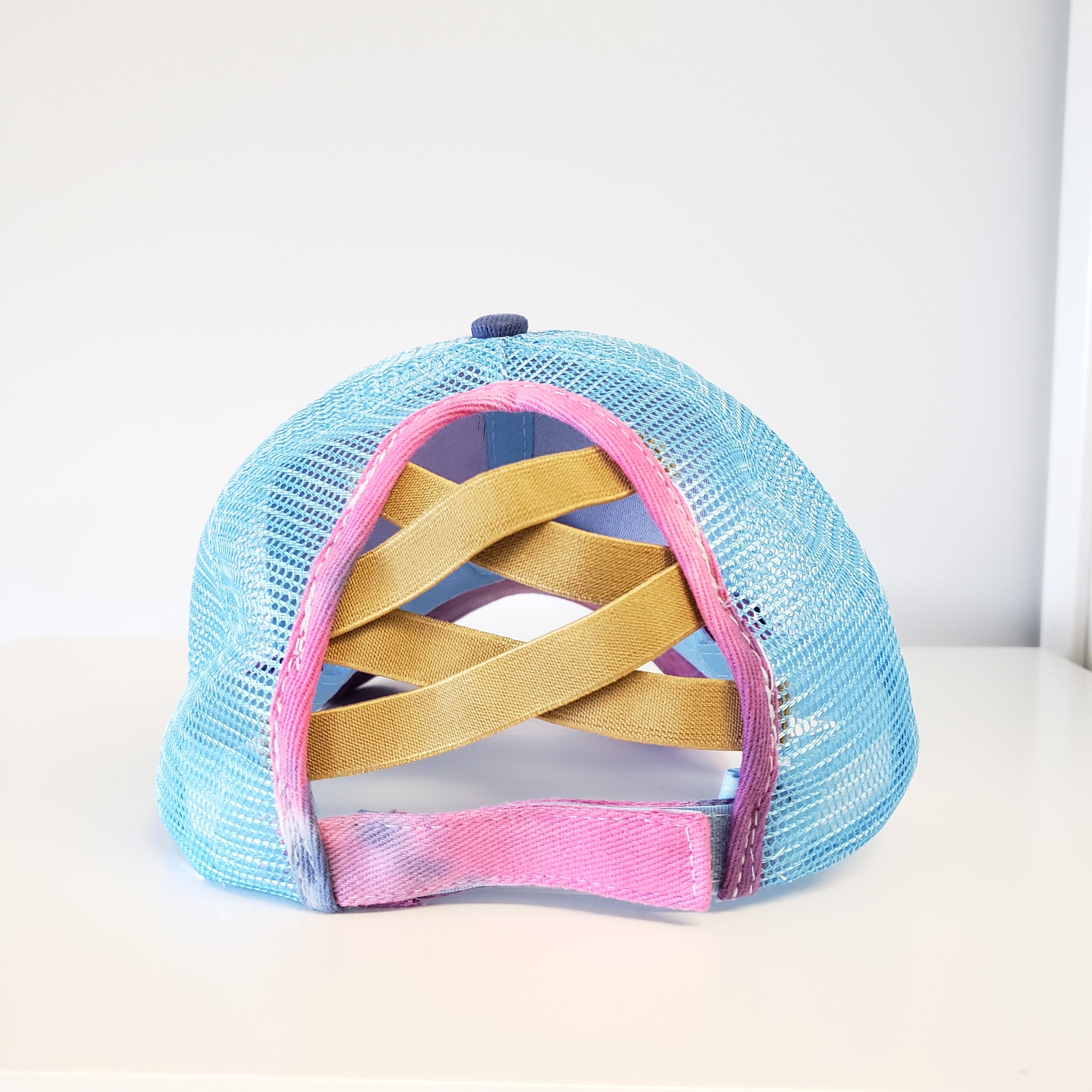 Ponytail Baseball Hat - Tie Dye Criss Cross NAVY PINK AQUA-Design Blanks